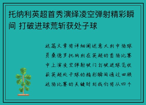 托纳利英超首秀演绎凌空弹射精彩瞬间 打破进球荒斩获处子球 托纳利英超首秀演绎凌空弹射精彩瞬间 打破进球荒斩获处子球