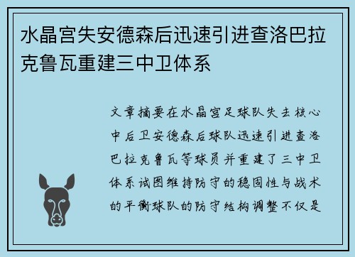水晶宫失安德森后迅速引进查洛巴拉克鲁瓦重建三中卫体系